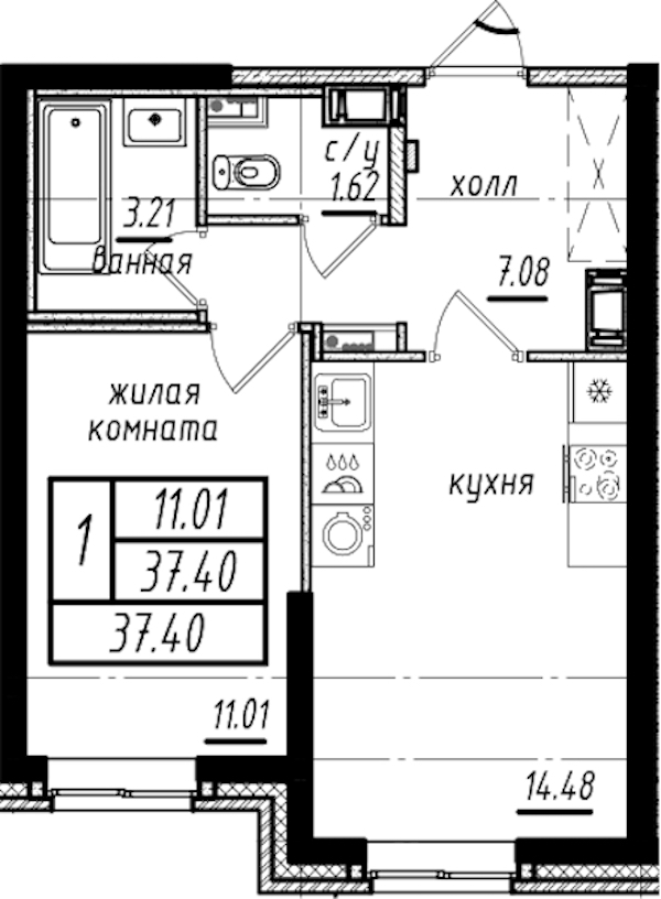 1-комнатная квартира 37.4 м², 1/25 эт., ЖК «Северная Долина»